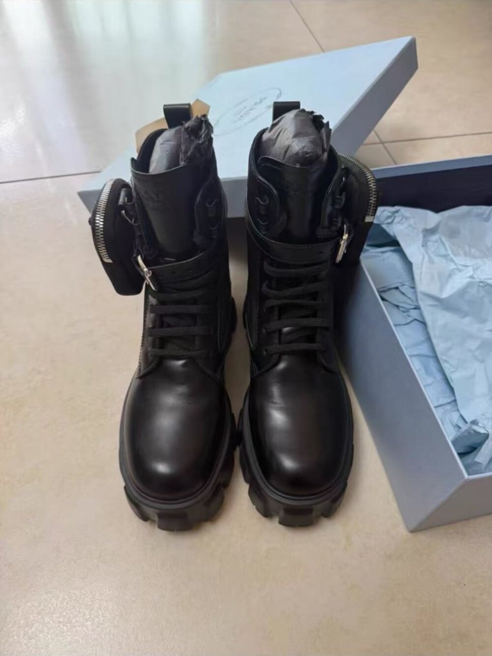 Prada Black Leather Combat Boots